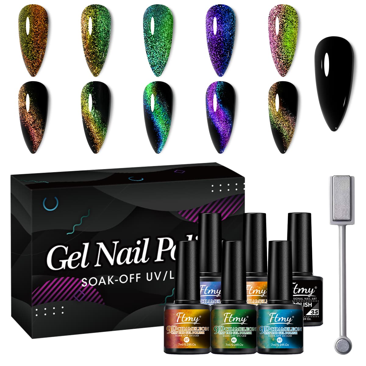 Esmalte em Gel Efeito Olho de Gato, Gel Polish, Gel de Cor para Unhas, Kit Gel Olho de Gato Pavão + 1 Imã | Alta