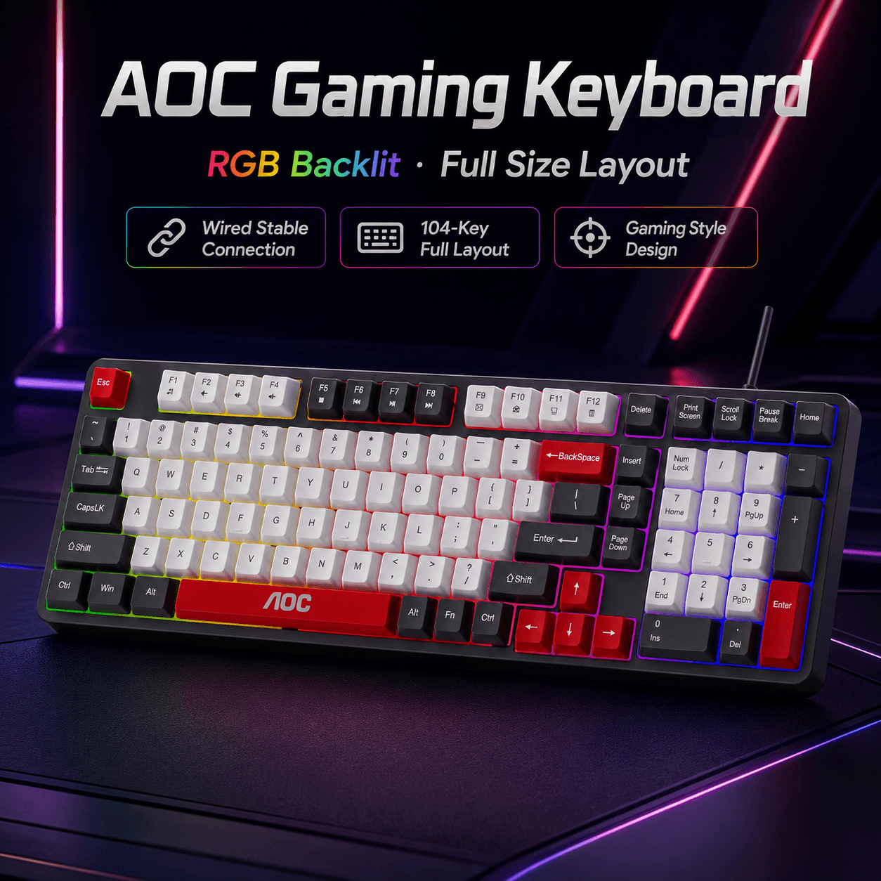 Teclado Gamer Ergonômico AOC GK116H1 104 Teclas Tamanho Completo Com Teclado Numérico RGB Retroiluminado Arco-Íris USB