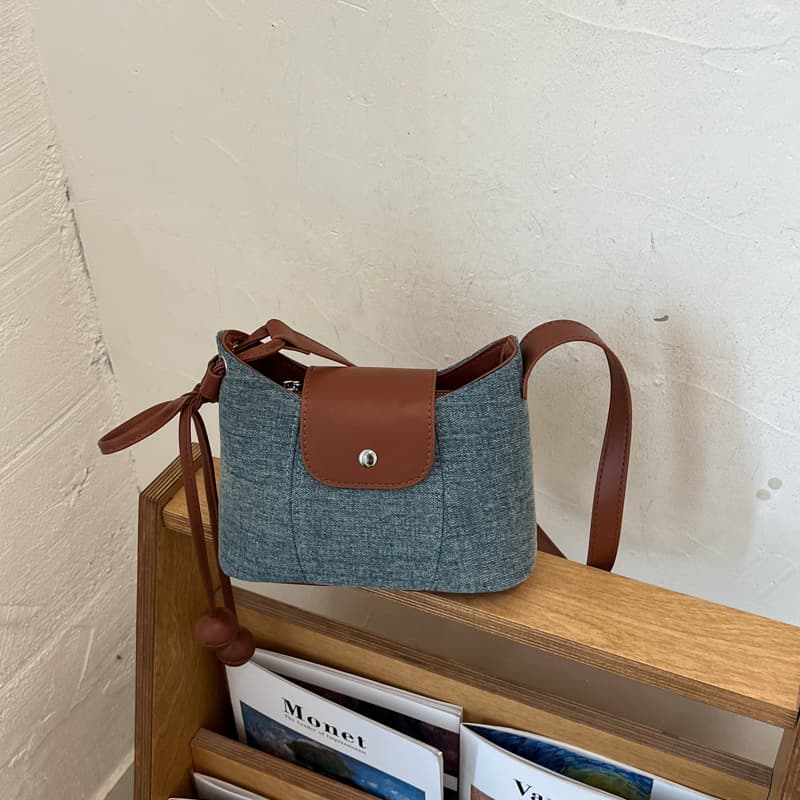 Bolsa Tiracolo Mini Balde Azul-Cinza Vintage com Miçangas de Madeira | Bolsa Tiracolo Casual de PU Marrom Trançada,