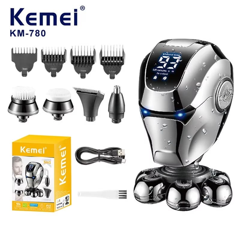 Kemei KM-780 Conjunto Barbeador Elétrico Masculino 5 em 1, Mini Aparador de Barba com 7 Lâminas, Aparador de Pelos do