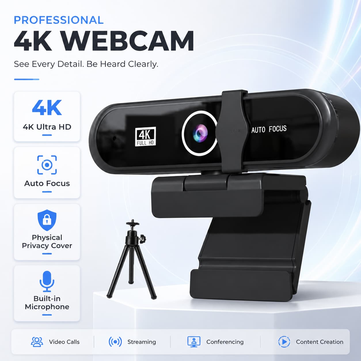 Webcam 4K para PC, Webcam USB com foco automático, microfone com cancelamento de ruído, tampa de privacidade, câmera web