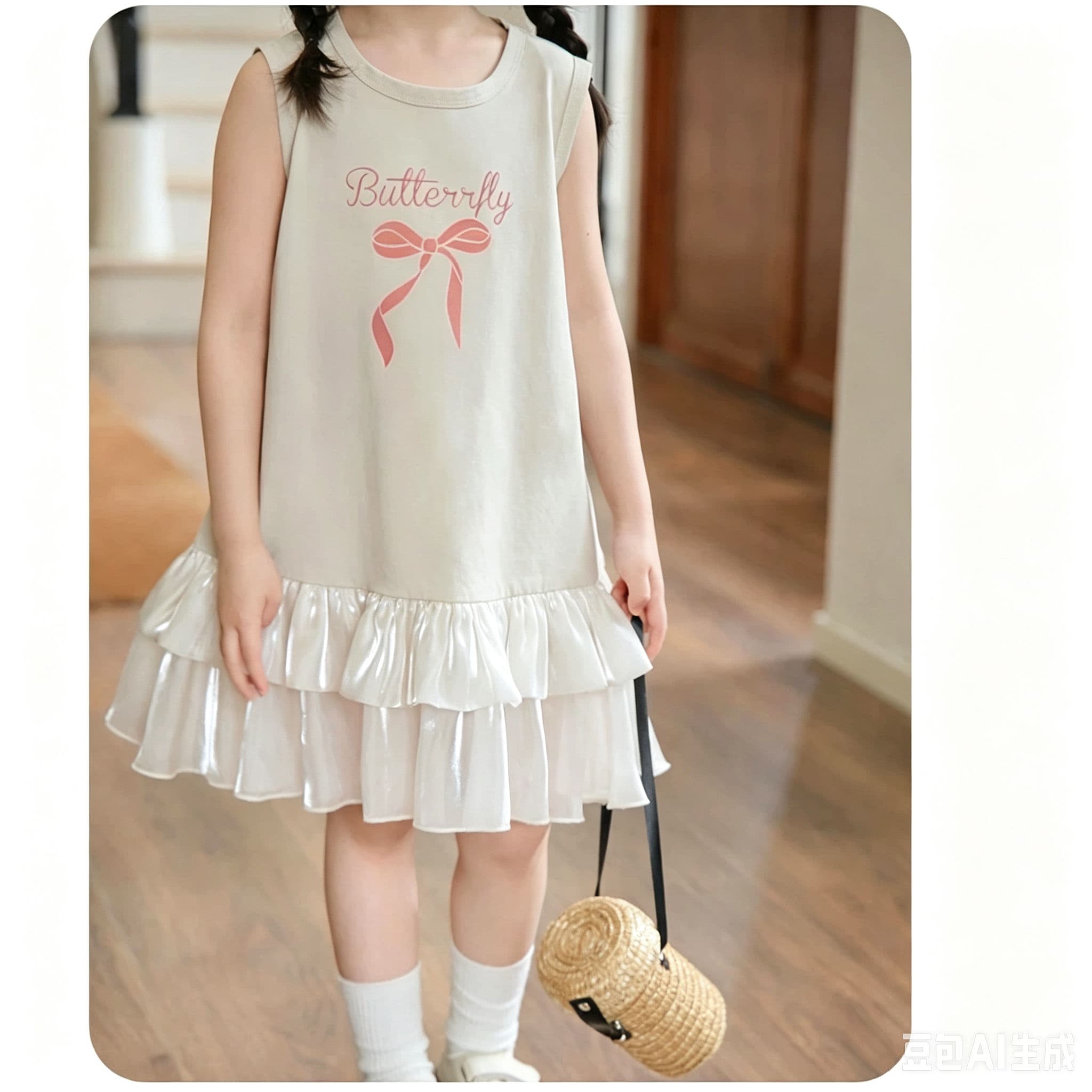 Vestido de verão para menina com estampa de laço, barra plissada, sem mangas, elegante, estilo princesa