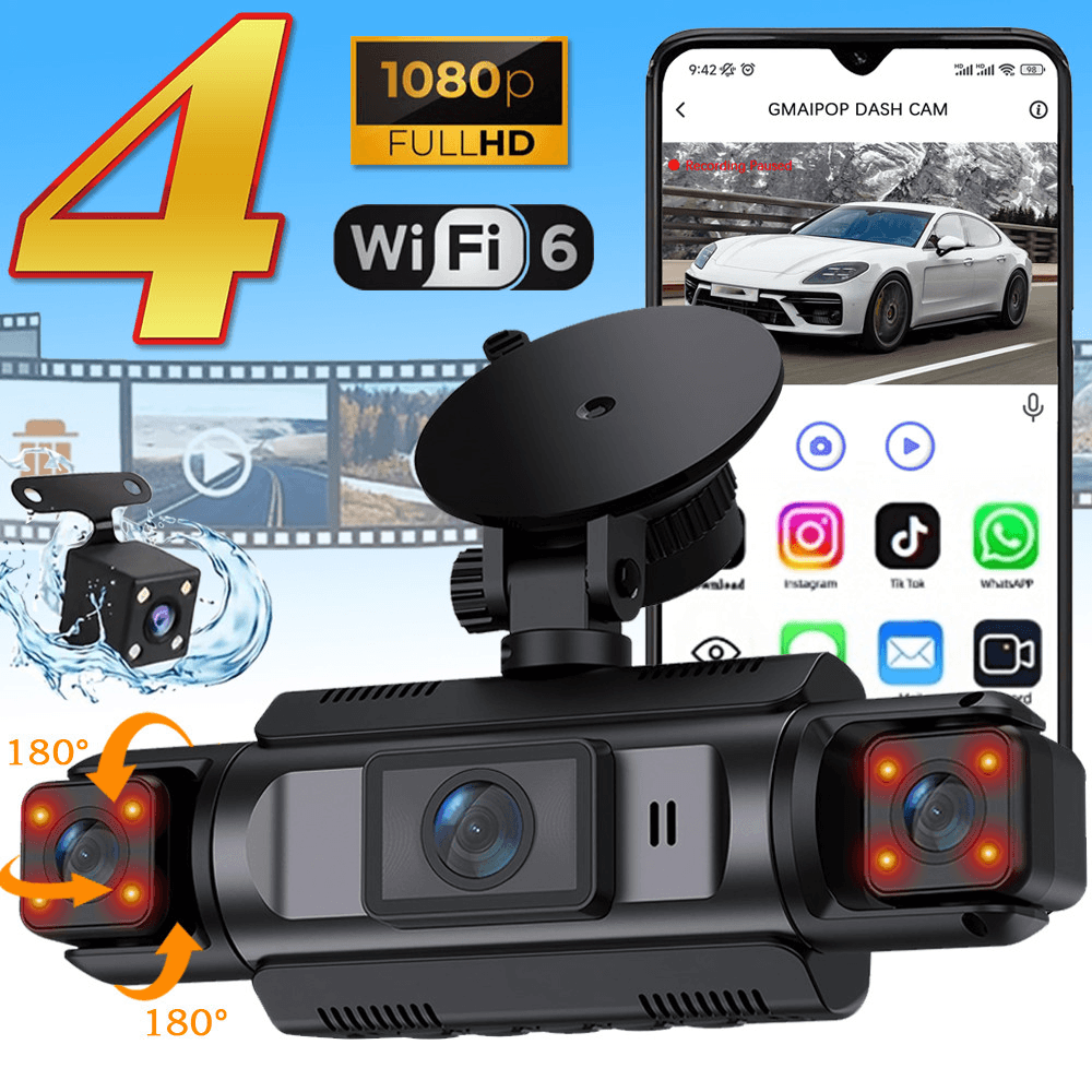 Câmera Veicular Dash Cam WiFi Lente Frontal+Esquerda+Direita+Traseira 4 Lentes*1080P DVR para Carros Gravação em Loop
