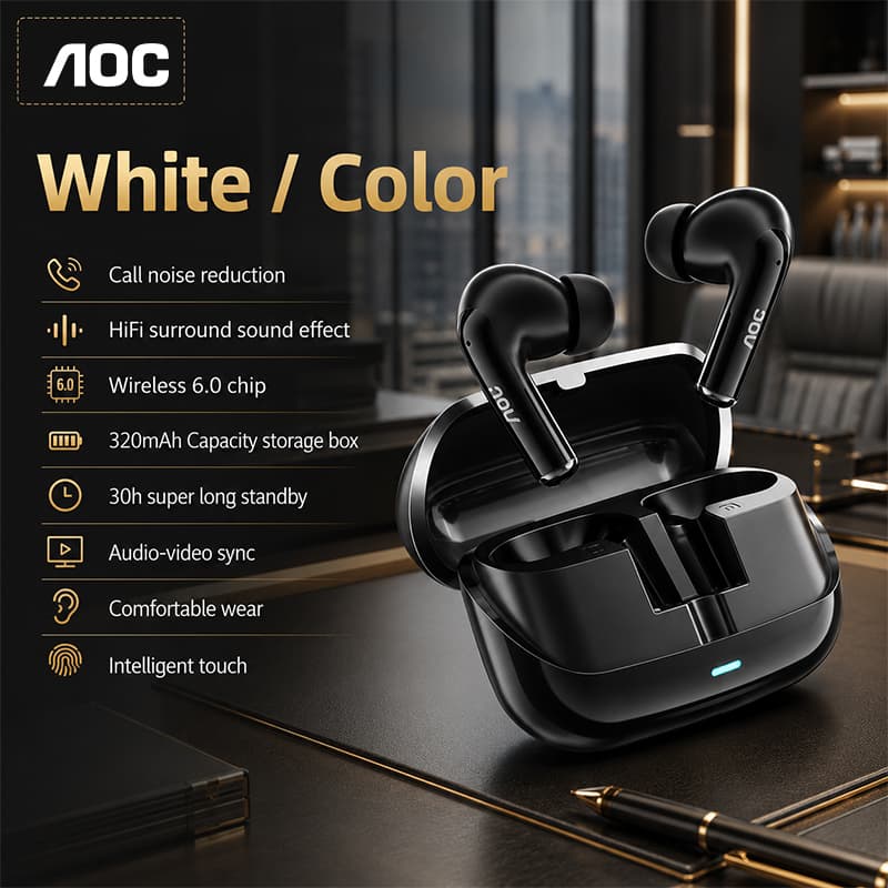 AOC ACT4635 Fones de Ouvido Sem Fio, Fones de Ouvido 6.0, Atualização de Rede, Redução Inteligente de Ruído, Fones