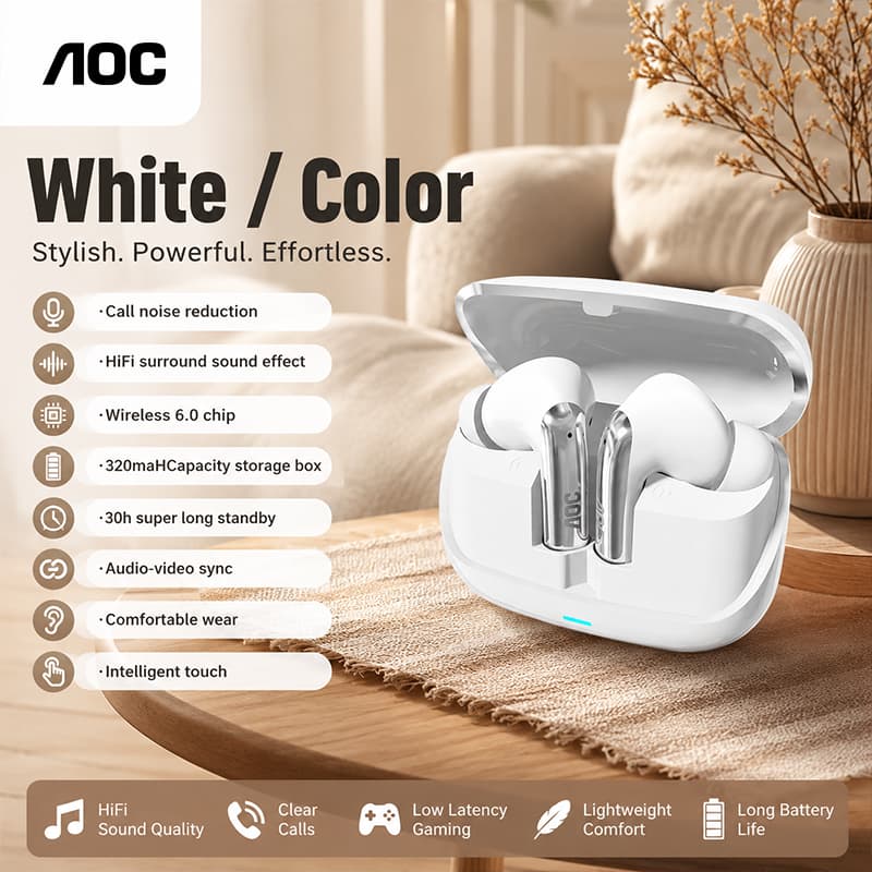 AOC ACT4635 Fones de Ouvido Bluetooth, Fones Panorâmicos de Áudio Espacial, Prevenção de Vazamento de Som, Fones