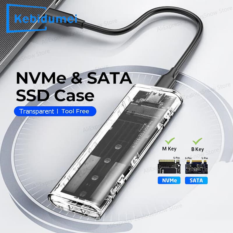 M . 2 NVMe PCIe NGFF SATA SSD Gabinete 5/10 Gbps Transparente USB Tipo C Disco Rígido Externo Caixa