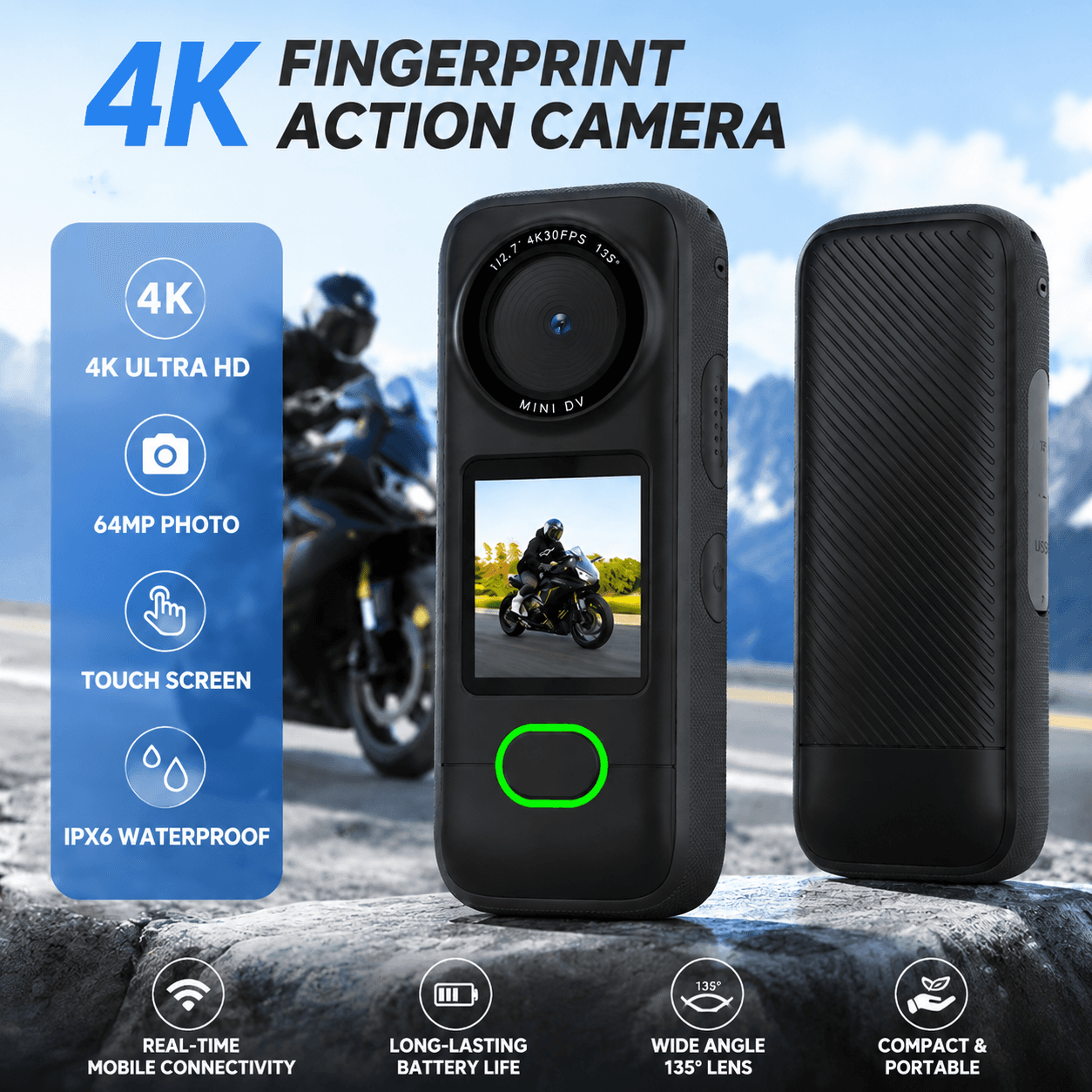 TKZJ Câmera de ação mini 4K WiFi Câmera esportiva à prova d'água com tela sensível ao toque para esquiar, pedalar e
