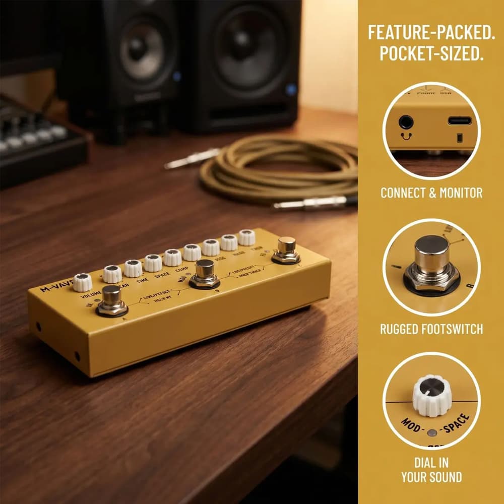 M-VAVE Cube Baby AC: Pedaleira multi-efeitos para violão, com bateria interna, simulador IR, reverb, delay, compressor e