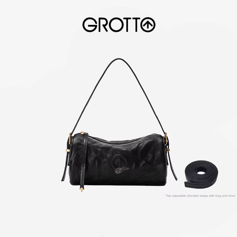 GROTTO Bolsa de Ombro Cilíndrica de Couro Macio, Bolsa Boston, Bolsa Tiracolo Ajustável, Alça Ajustável, Grande
