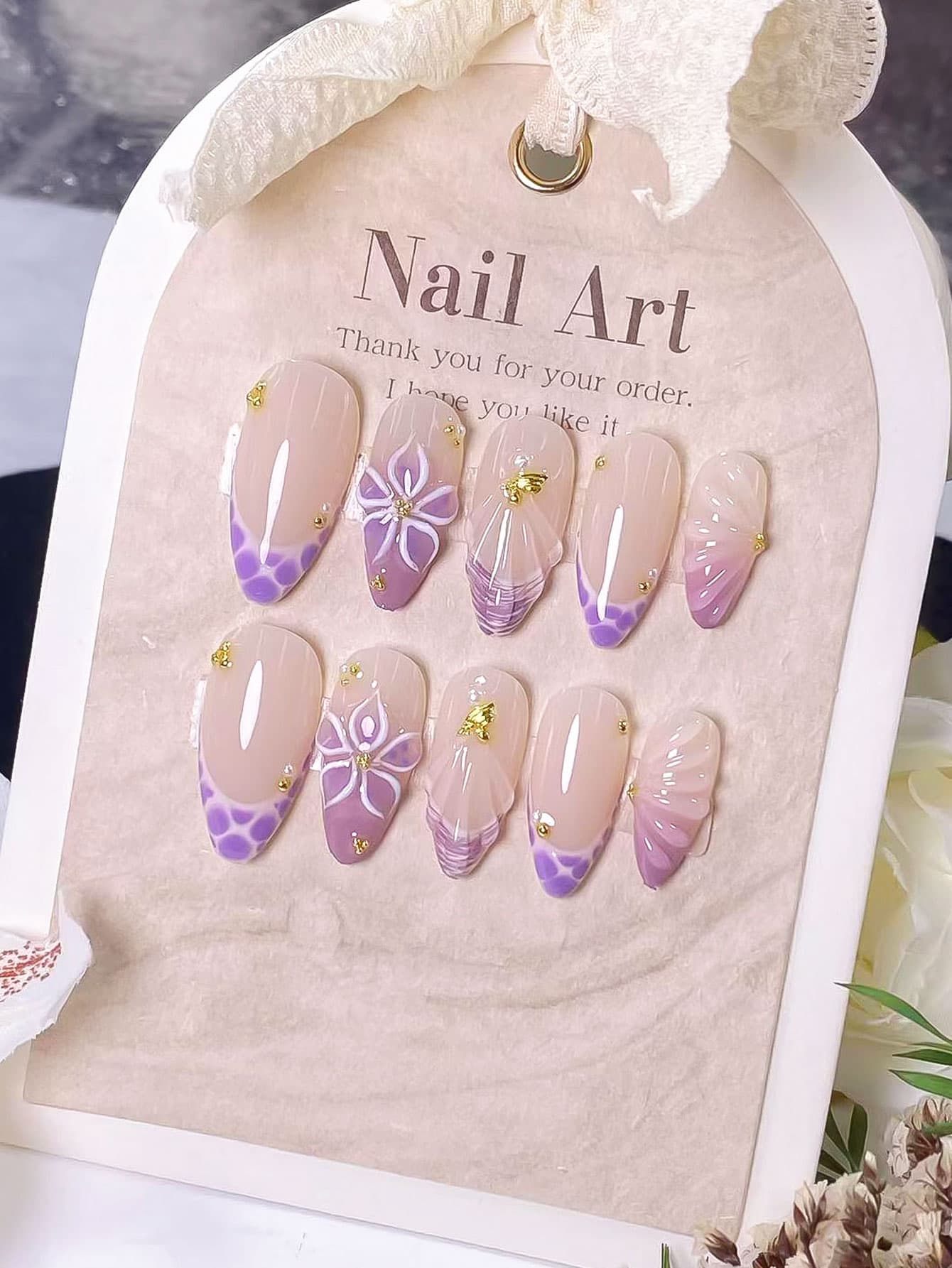 10 Pontas de Unhas Francesas Roxo Degradê com Detalhes em Relevo, Prensa‐On, para Uso Diário, Shows e Ocasiões de