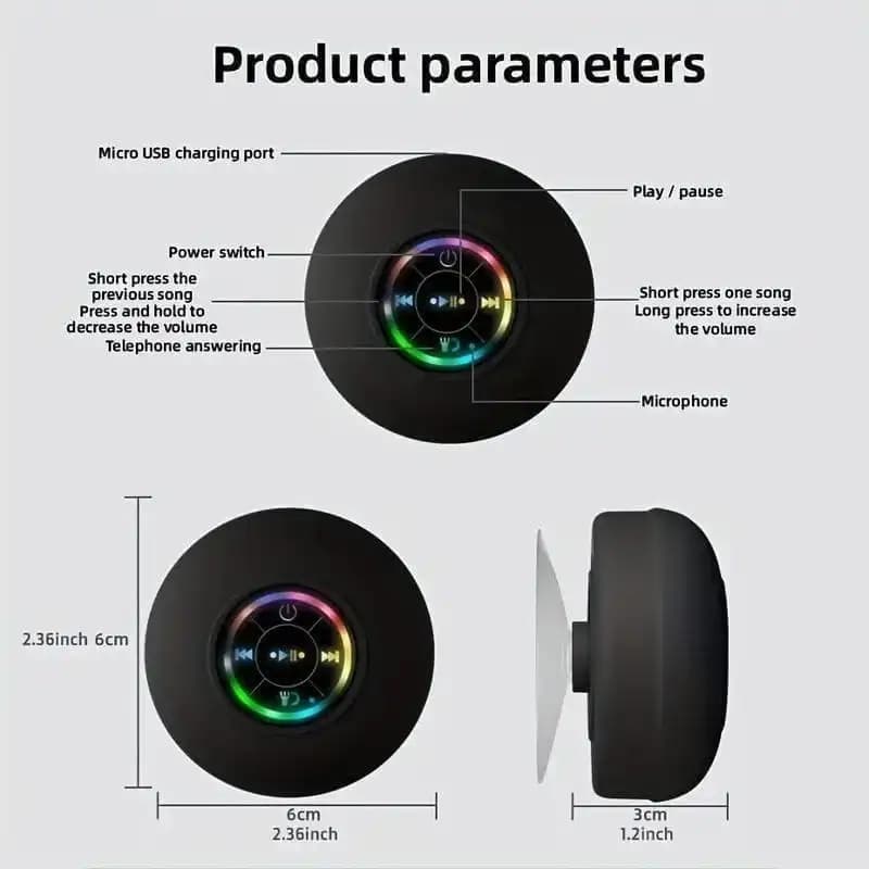 Caixa de Som Bluetooth Compacta IPX4 à Prova d’Água com Luz LED, Chamada Mãos Livres, Recarga Micro USB, Stereo Wireless