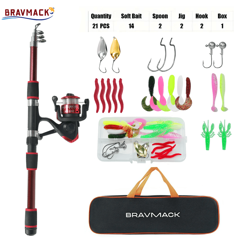 Kit Vara de Pesca 1 Conjunto Portátil – Inclui Vara Telescópica, Carretilha, Bolsa de Pesca Portátil e Conjunto de Iscas