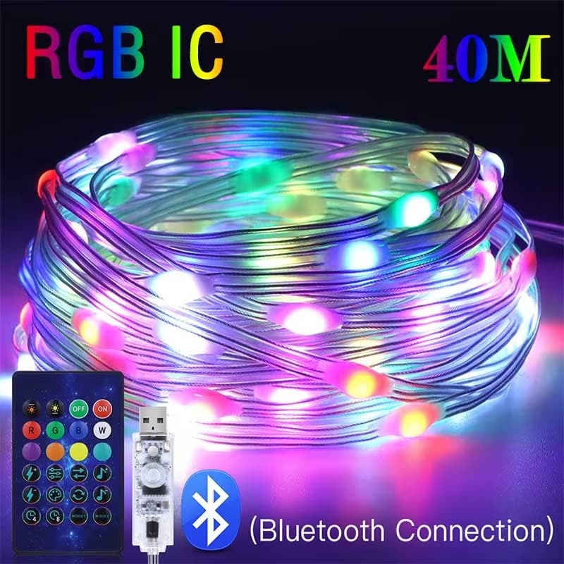 Cordão de Luz LED RGB Inteligente Externo para Festas, Festoon, Couro, Linha, IP65, Lâmpada Musical Bluetooth, Cordão de