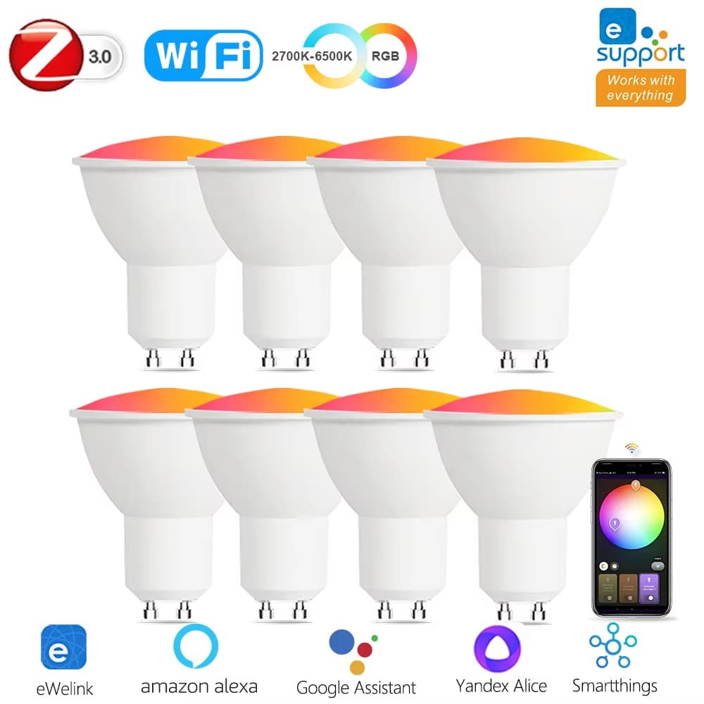 Zigbee GU10 WiFi Inteligente Lâmpadas Led RGB C + W Reguláveis Holofote EWelink App Controle Voz Alexa Alice Smartthings