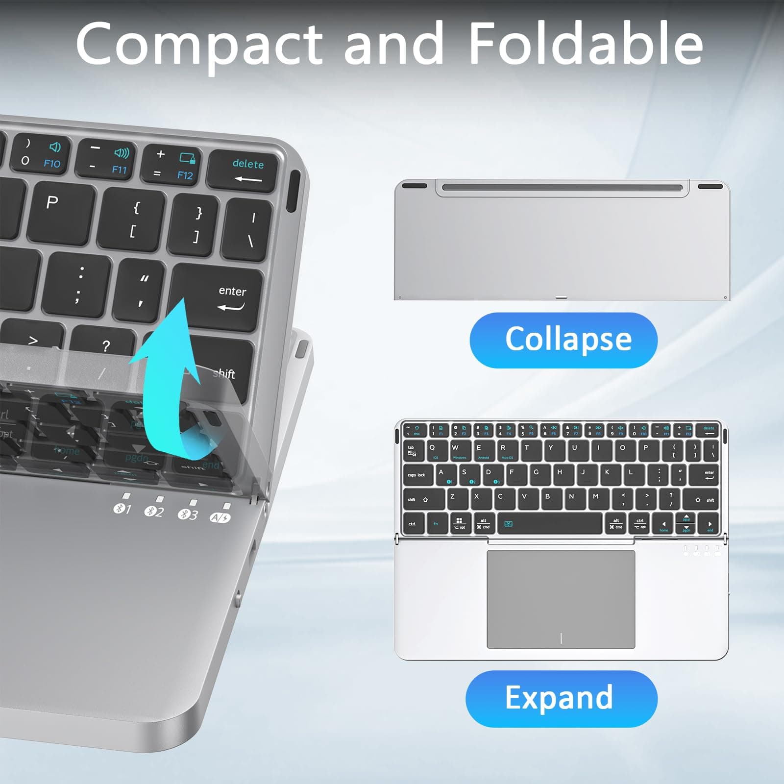 Teclado dobrável de couro JOMAA com triplo Bluetooth, suporte para telefone e tablet, touchpad, teclado sem fio