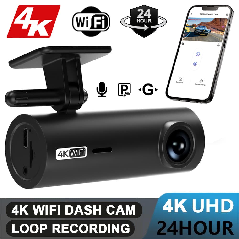 Câmera Veicular 4K DVR Gravador de Painel, Controle por Aplicativo, Caixa Preta com WIFI, Gravação de Voz e Função de