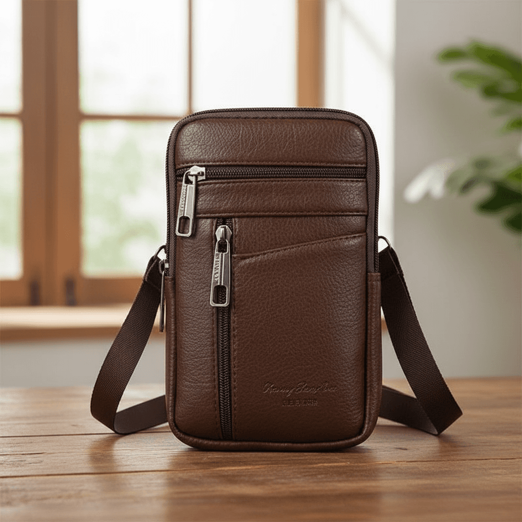 Mini bolsa de couro masculina portátil transversal para cintura e celular