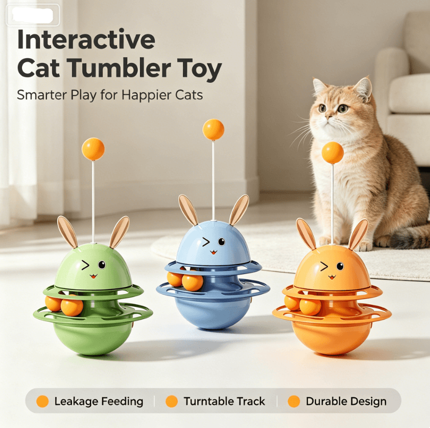 Brinquedo Interativo para Gatos Coelho Tumbler, Rastreador de Bolas com Varinha de Teaser e Comedouro Lento, Brinquedo