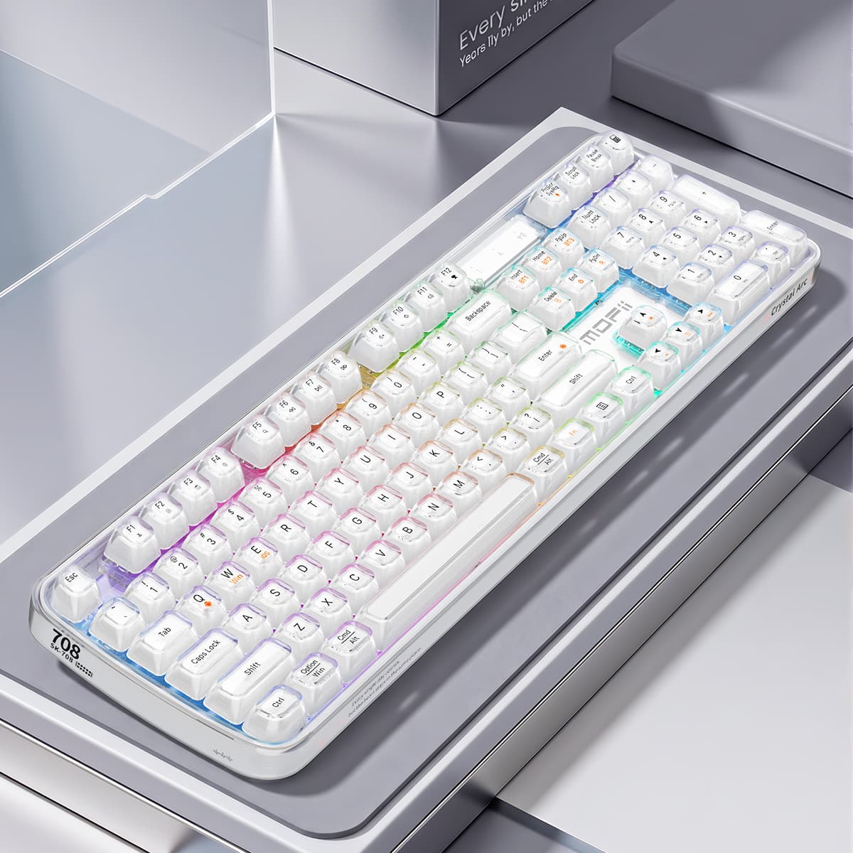 Teclado de Jogos Sem Fio Tri-Modo MOFii 708, Teclado Numérico Completo com Teclas de Cristal Transparente e