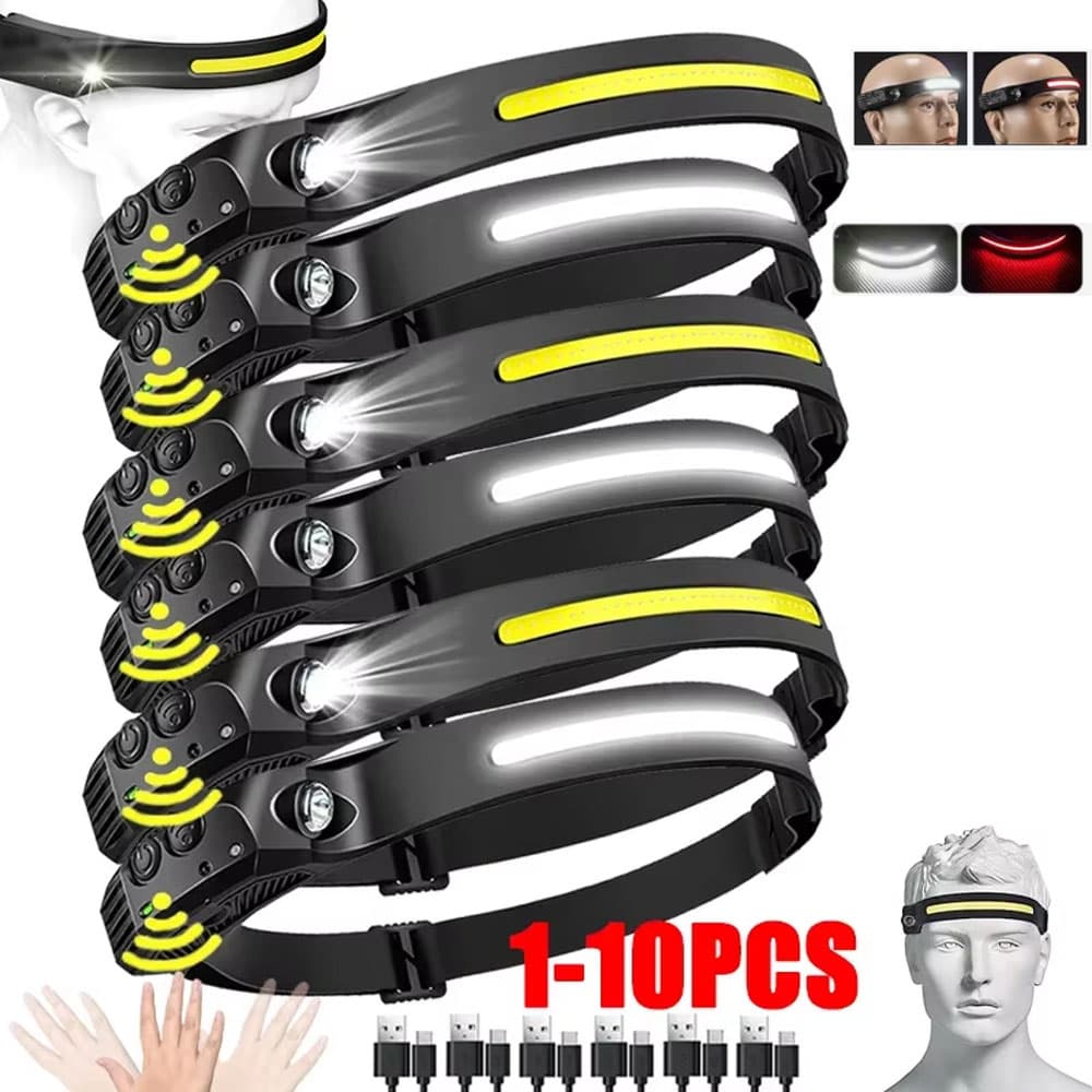 10PCS Farol de Cabeça com Sensor USB Lanterna LED Recarregável XPE+COB Tocha Camping à Prova d'Água para Pesca Lanterna
