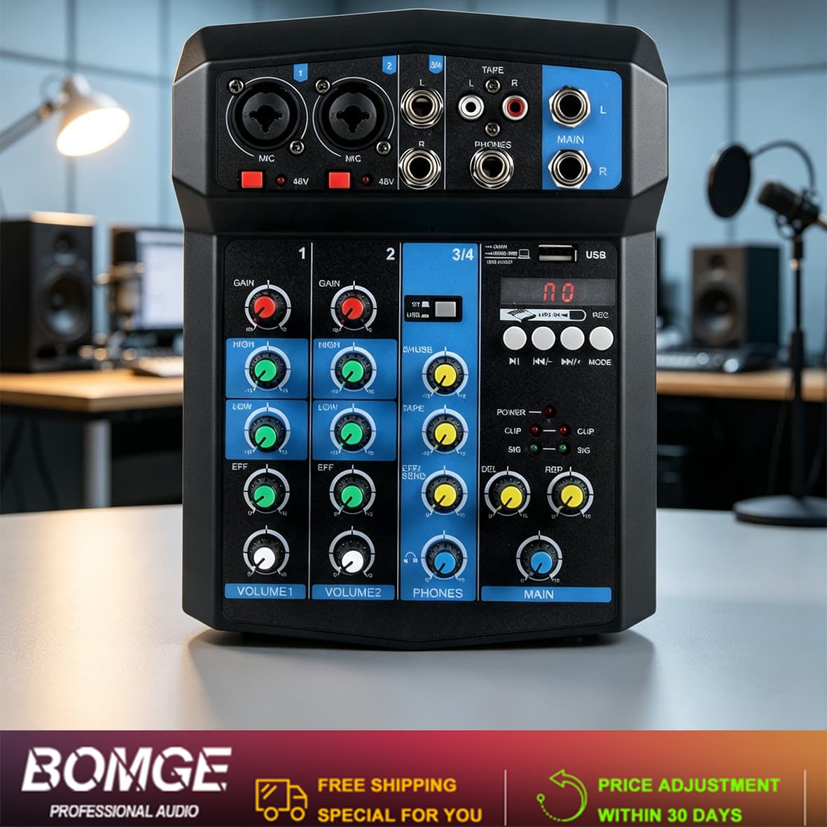 BOMGE Estúdio Mixer de Áudio com Interface USB, Phantom Power 48V e Display LED para Gravação, Podcast, Festa e Mistura