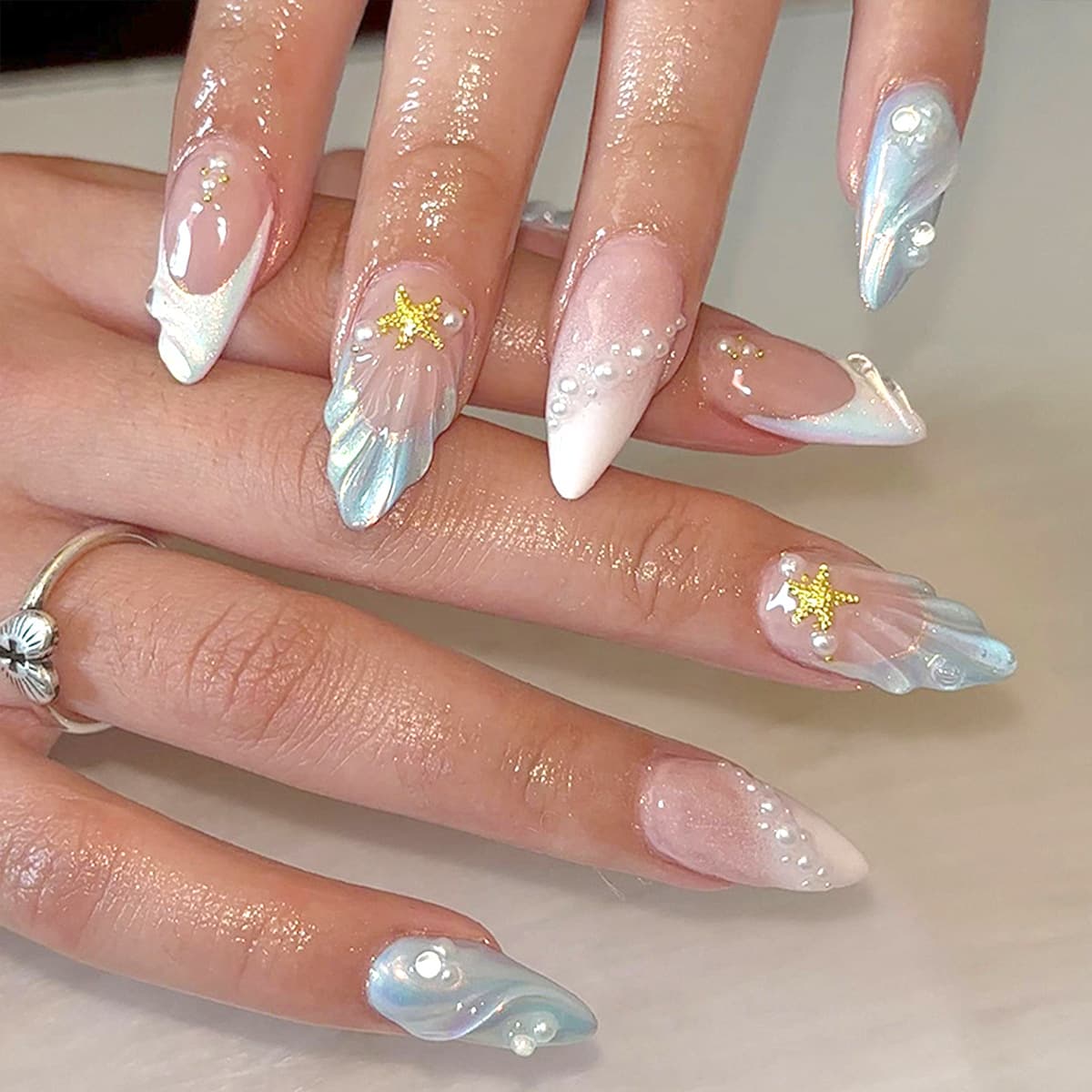 Adesivos de unhas com tema marinho, unhas postiças removíveis de sereia, unhas postiças 3D com conchas, adesivos de