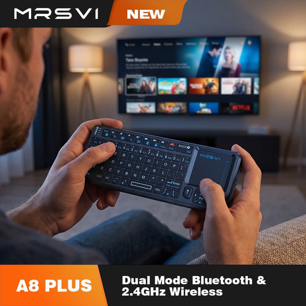 Teclado Sem Fio 2,4 GHz + Bluetooth com Touchpad – MRSVI A8 PLUS Teclado Mini Retroiluminado para Android TV Box, Mac,