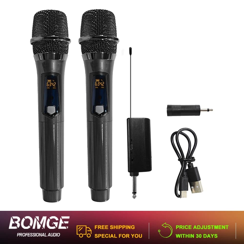 Microfone de Mão Sem Fio BOMGE-BG-261, Sistema de Microfone Dinâmico Duplo sem Fio Metálico com Receptor Recarregável de