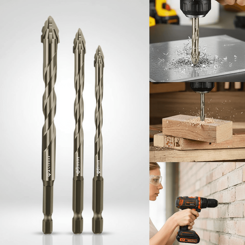 Conjunto de 3 Brocas Excêntricas de Carboneto de Tungstênio Multiuso com Quatro Bordas Serrilhadas para Concreto,