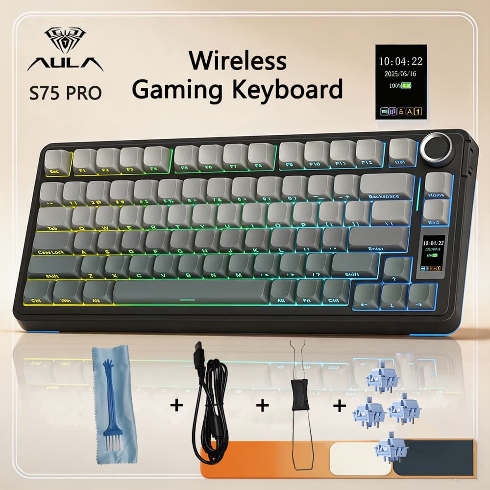 Teclado de Jogos Sem Fio AUAL S75Pro Tri Modo Sem Fio/Bluetooth/Com Fio 75% Troca a quente RGB retroiluminado com botão