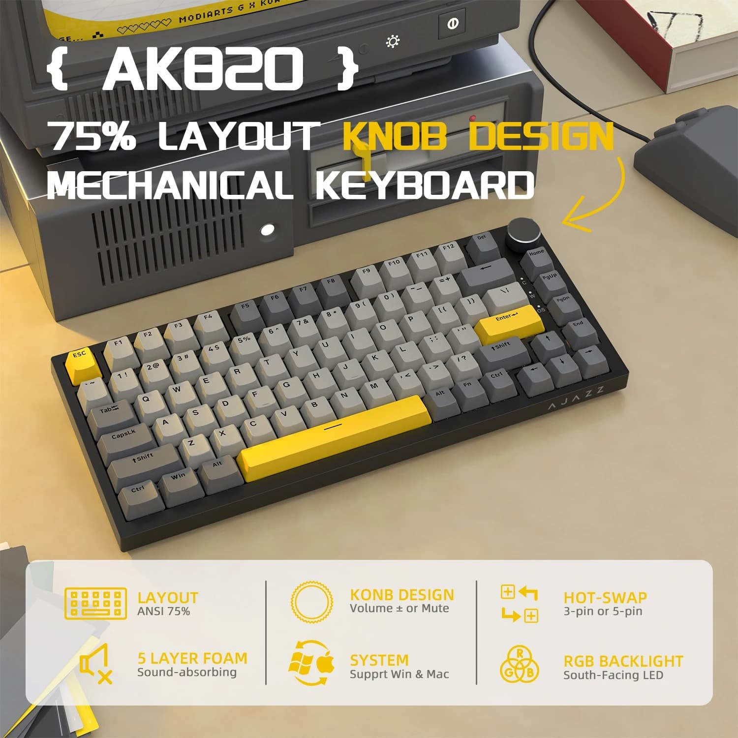 Ajazz Teclado Mecânico Sem Fio AK820 AK820 Pro, Tri-Modo, Bluetooth 5.1, Estrutura de Junta, Troca a Quente, Teclado RGB