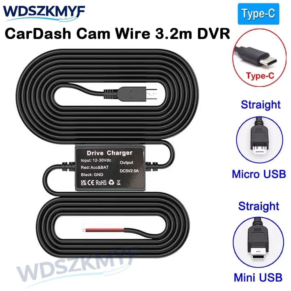 【SAIMILI】 Câmera Veicular Gravador de Passo Cabo de Fio 3,2m DVR Cabo de Carregador USB Mini/Micro 12–24V para 5V para