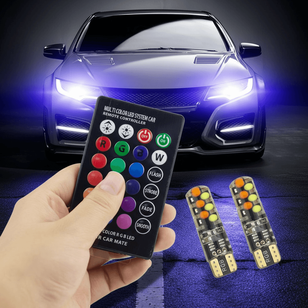 Lâmpada LED RGB T10 194 168 W5W para Carro Luz de Leitura Controle Remoto Flash