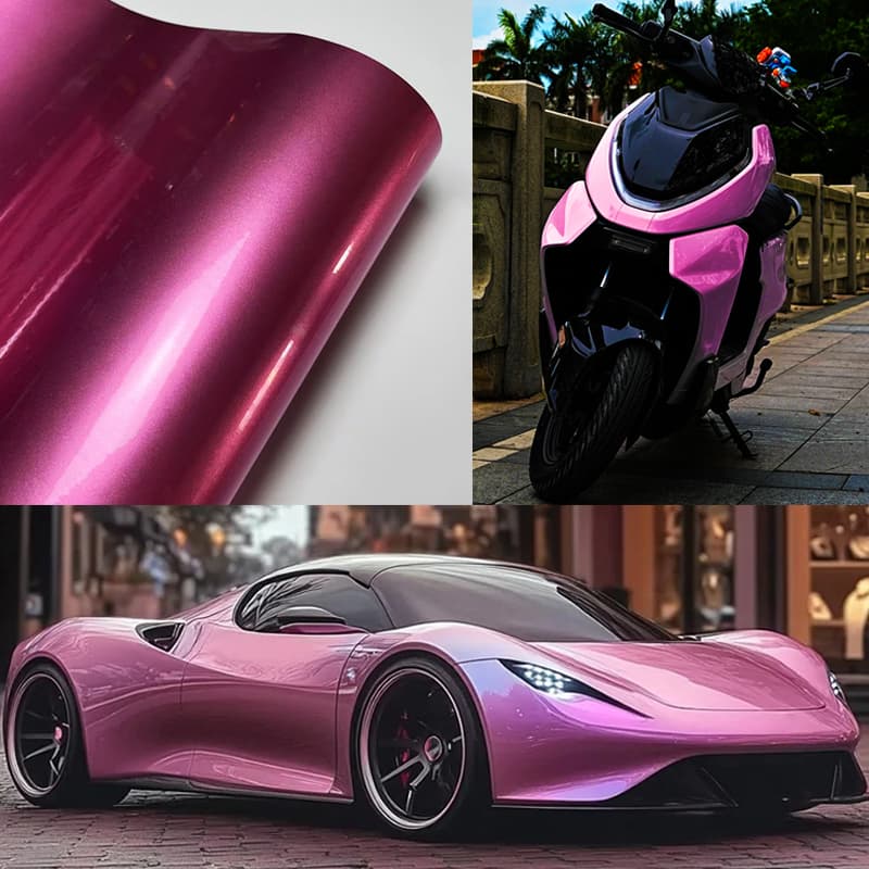 Rolo de Vinil Metálico Ultra Brilhante Rosa Doce com Liberação de Ar, Autoadesivo para Envelopamento de Carro ou Moto,