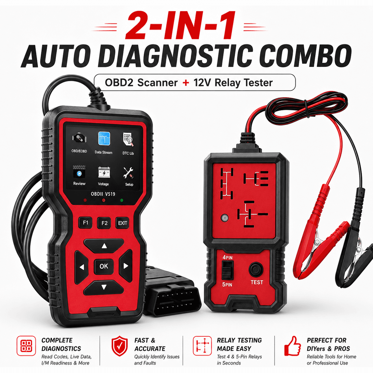Testador De Relé Cnb-707 12v E Kit Combinado De Scanner V519 Obd2 , Analisador Automotivo De 4 Pinos 5 , Leitor De Códig
