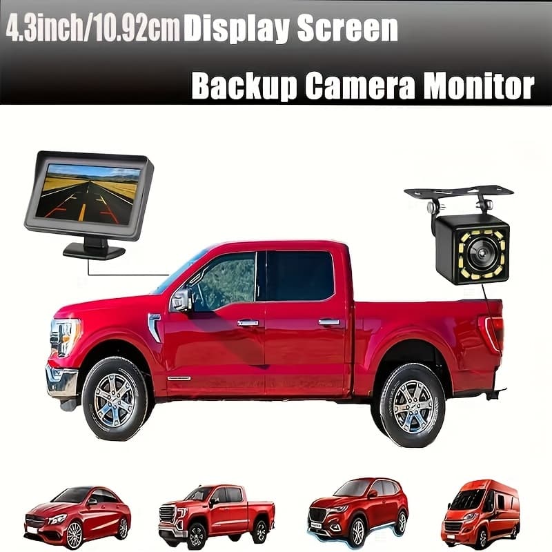 Conjunto de Câmera Retrovisora com Alta Definição Noturna 12 LEDs + Monitor Veicular de 4,3 Polegadas, Comutação