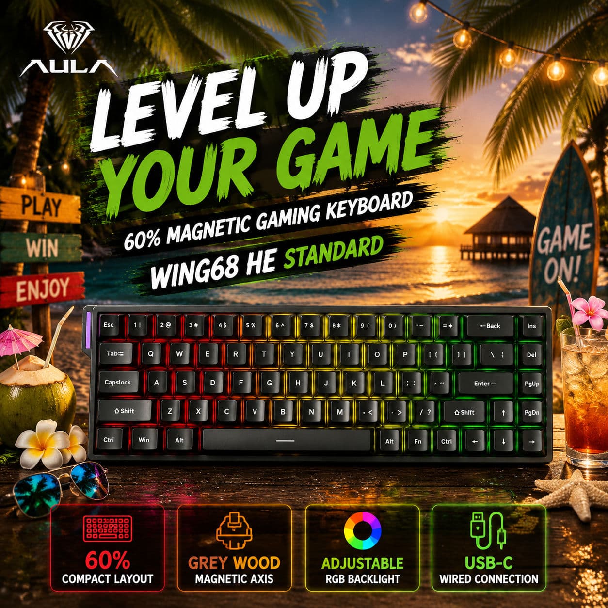 Teclado Mecânico com Eixo Magnético com Fio AULA WIN68 HE, 68 teclas, Efeito Hall, Teclado Gamer com Gatilhos Rápidos,