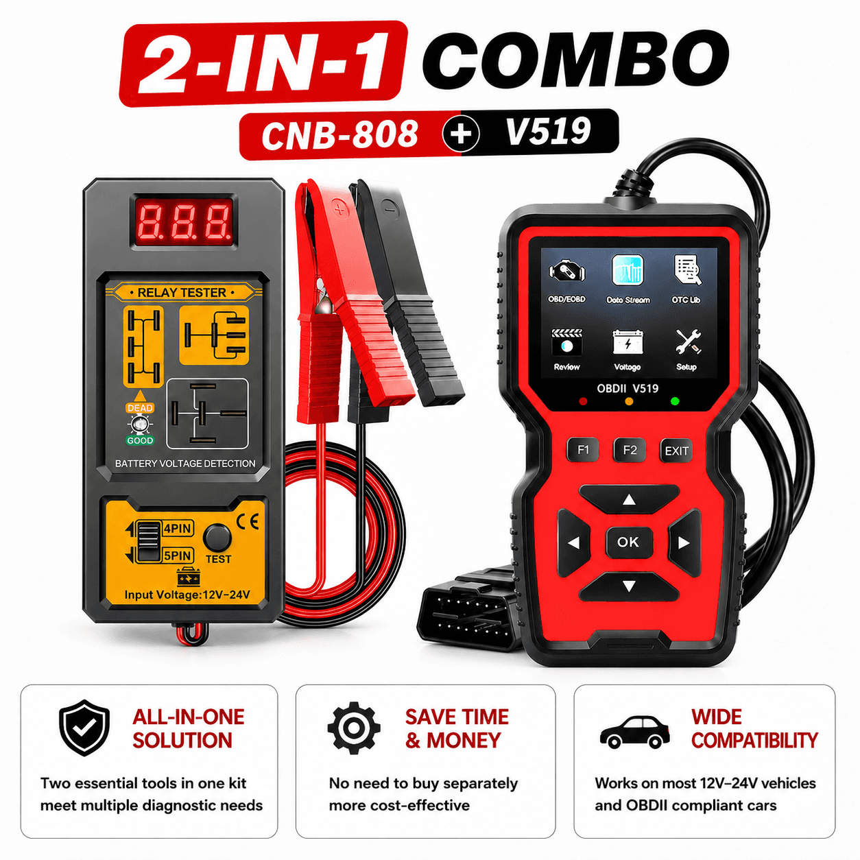 V519 Obd2 Scanner E Cnb-808 Kit Testador De Relé Automotivo Leitor De Falha Do Motor Com Analisador 12V-24V Detector De