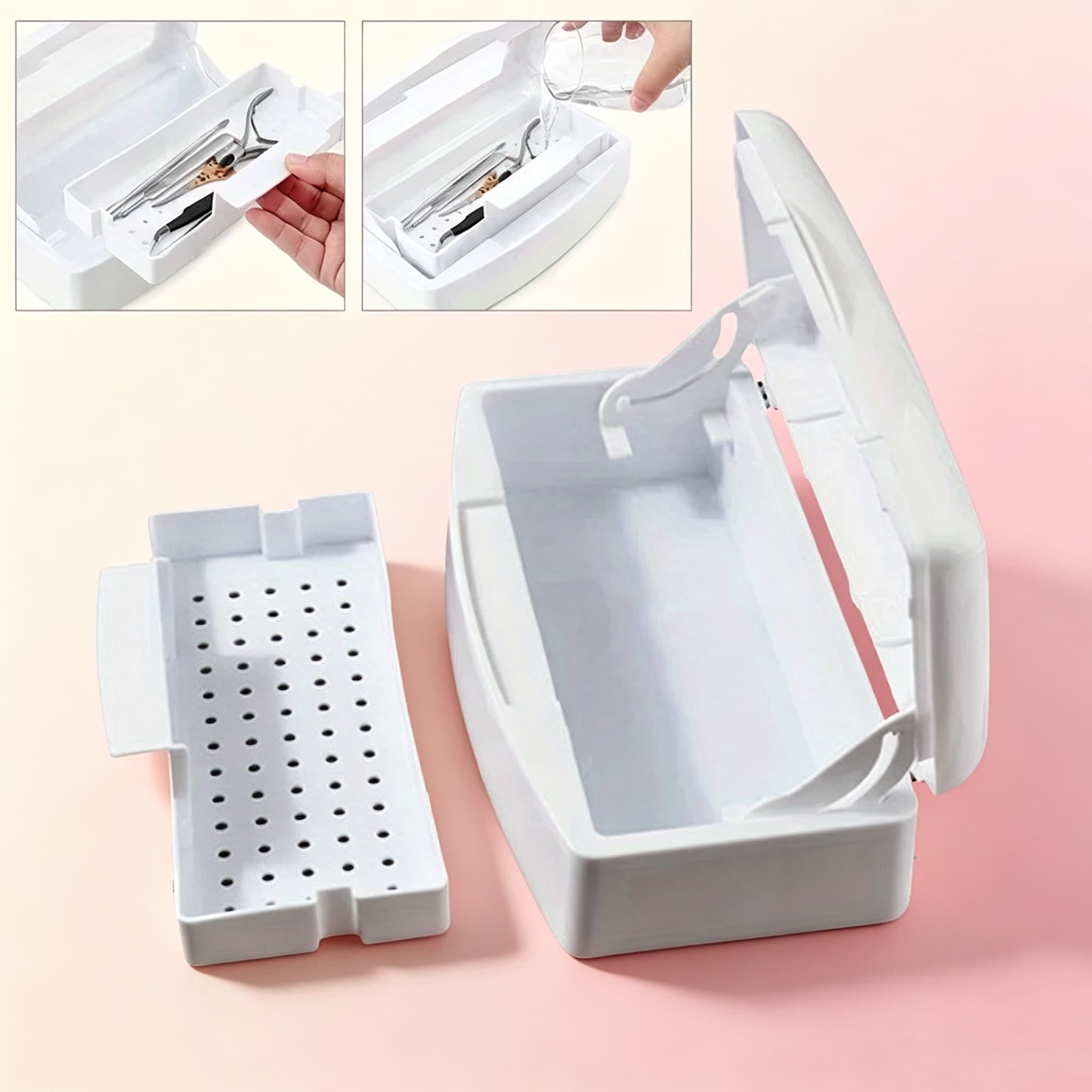 Caixa Esterilizadora de Manicure Branca/Rosa com Bandeja Removível para Desinfetar Suprimentos de Unhas