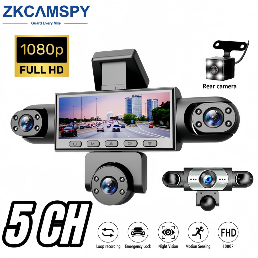 Câmera Veicular 5 Canais 1080P Frontal e Traseira Interna Esquerda Direita Visão Noturna Ângulo Amplo Gravador