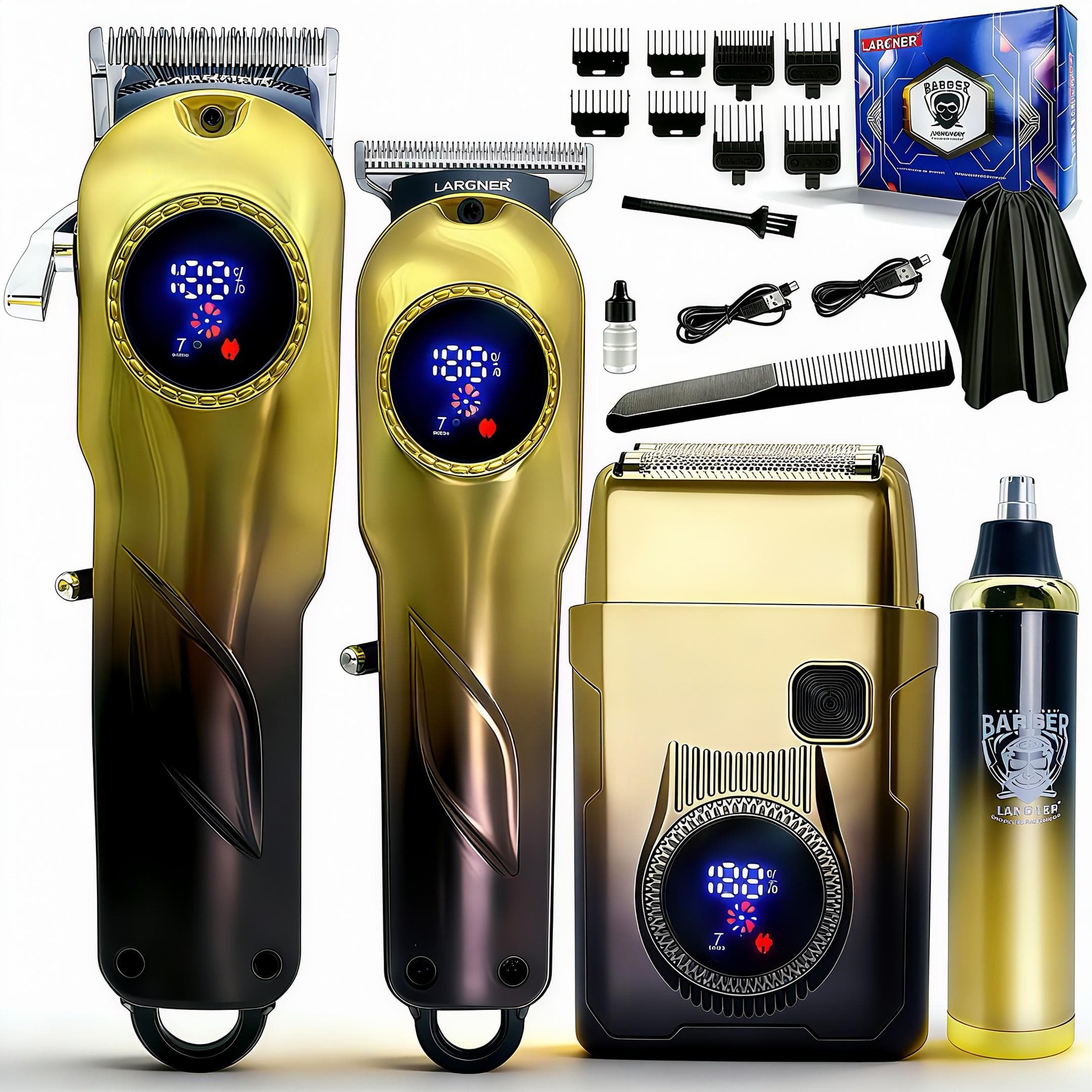 Kit de Corte de Cabelo Masculino 3 em 1, Máquina de Cortar Cabelo Sem Fio com Tela Digital LED, Capa de Barbear, Pentes
