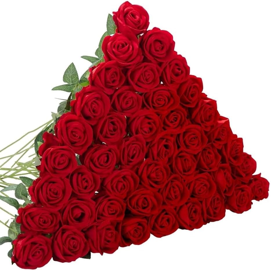 Kit 7 Peças Rosa Artificial Vermelha Para Decoração 50CM , Flores De Plantas Falsas Decorações De Festa De Casamento Do