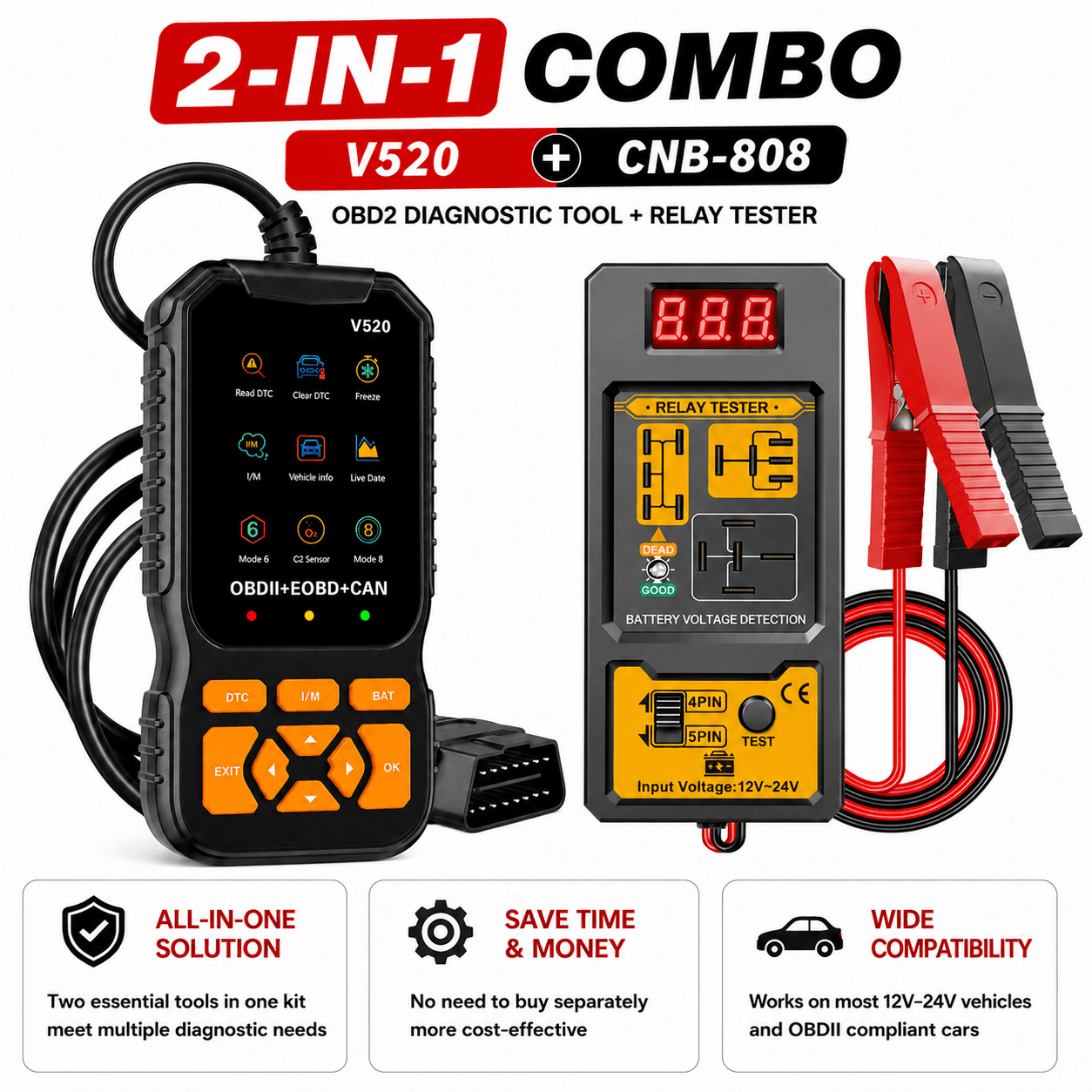 Scanner Diagnóstico Automotivo V520 OBD2 e Combo CNB-808 de Teste de Relé, Leitor/Apagador de Códigos de Motor com 8