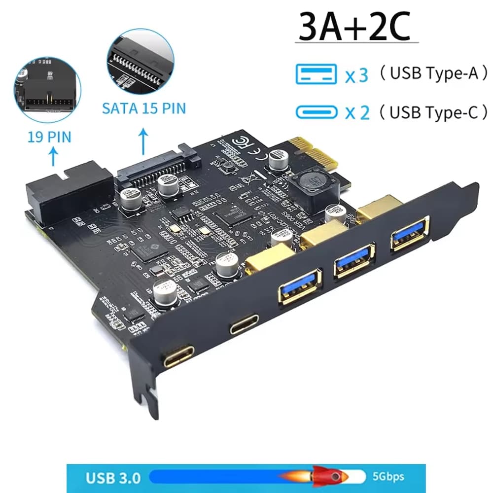 Placa de captura PCI-E 1X com 5 portas, 3 USB e 2 Type-C, placa elevadora PCIE para PC