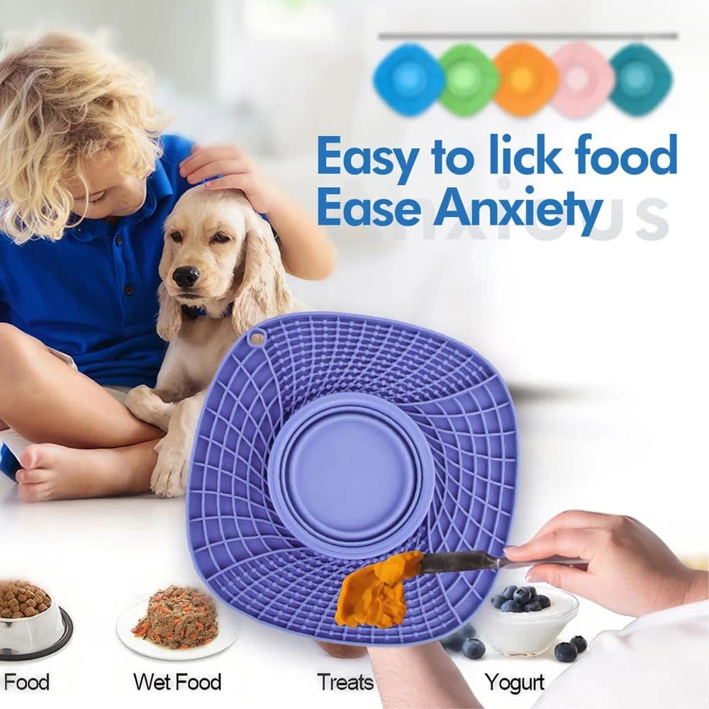 Tapete lambedor multifuncional para pets; comedouro lento, bandeja dobrável de silicone, tigela de água antiderrapante