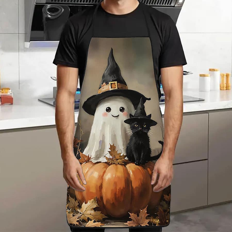 Halloween Fantasma Gato Abóbora Impresso Avental Preto À Prova Dwaterproof Água Cozimento Jardinagem Workwear Luvas De B