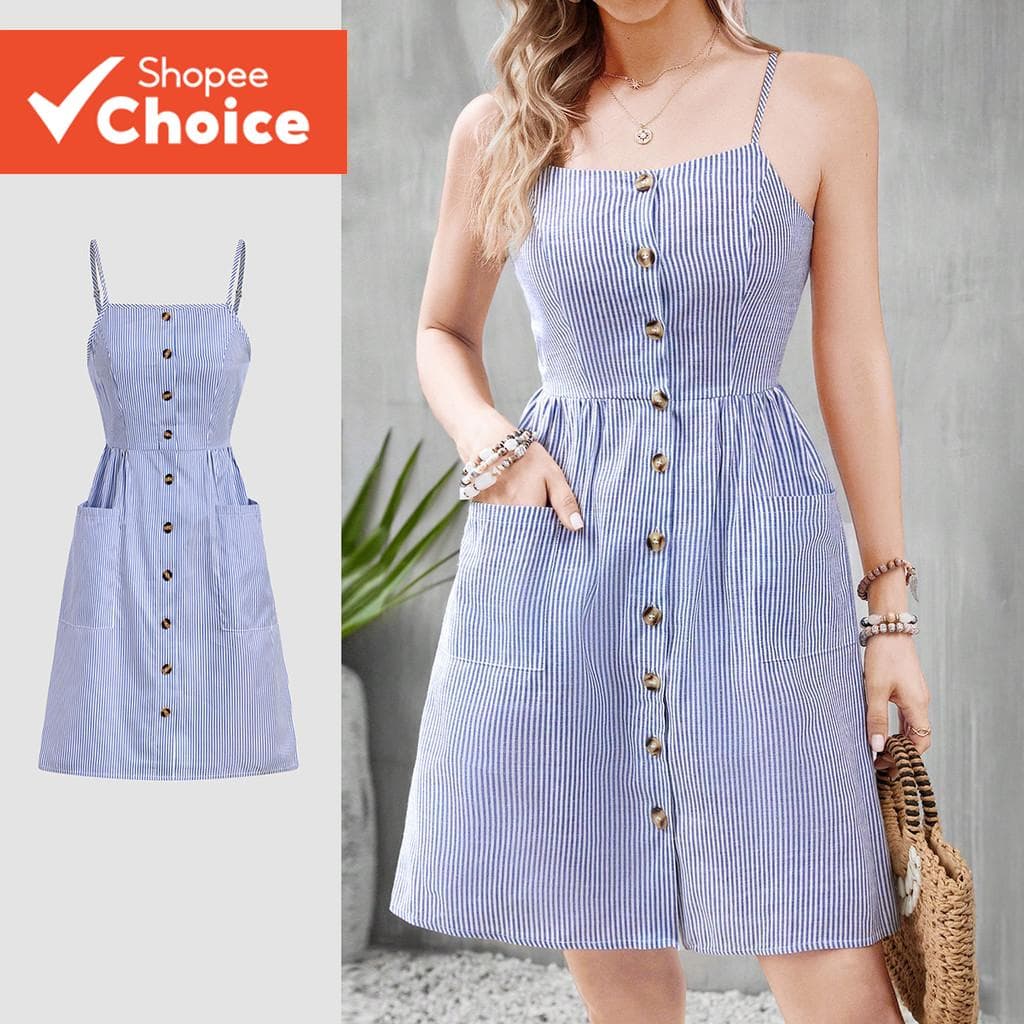 Vestido Casual Feminino Botão Bolso Frontal Listrado Primavera/Verão Azul L138ED424