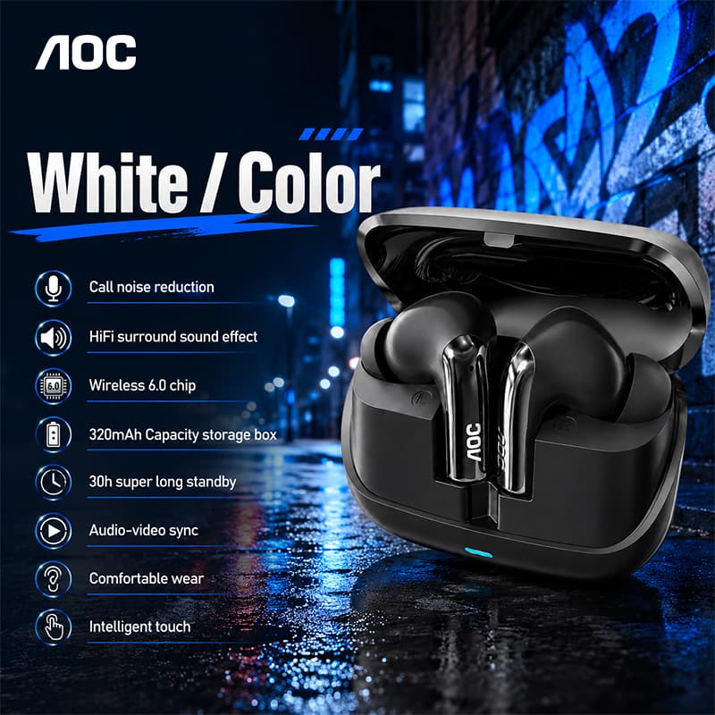 Fones de Ouvido AOC ACT4635 Sem Fio, Fones Bluetooth, Ultra Fones de Ouvido para Jogos com Baixa Latência, Som 3D