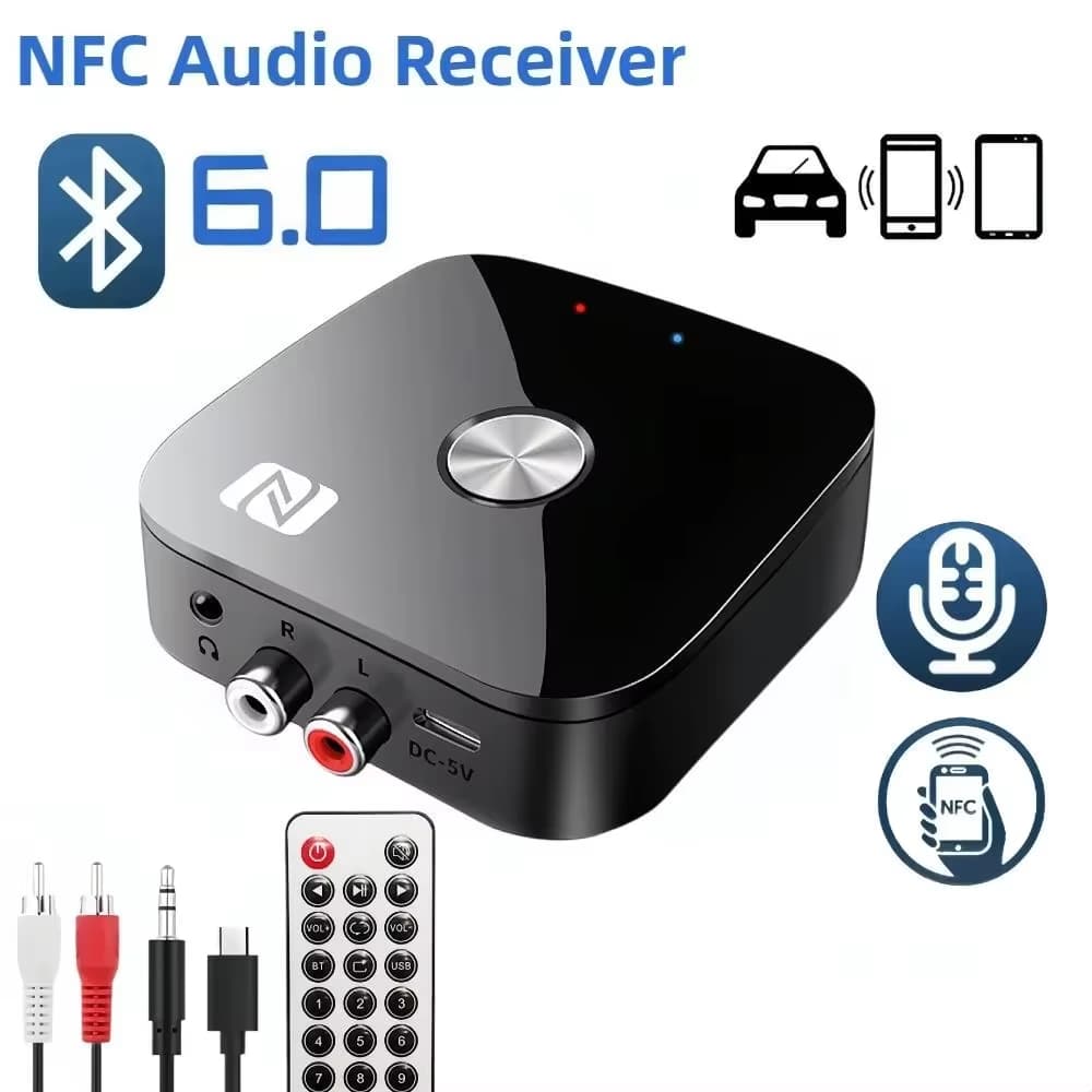 Receptor de Áudio Bluetooth NFC 6.0 Adaptador Sem Fio Estéreo RCA R/L AUX 3.5mm Reprodução USB Controle Remoto