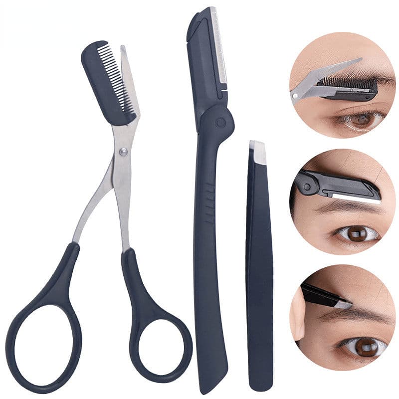 Kit de 3 peças em aço inoxidável para sobrancelhas: pinça, tesoura com pente e navalha de sobrancelha. Ferramenta